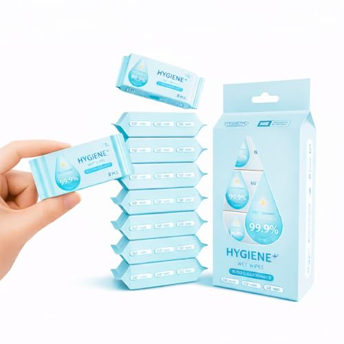 HYGIENE+ Wet Wipes, Pocket Size Disinfecting Wipes (8 Count/Pack) – Travel-Friendly Cleaning Wipes for Hands, Phone, Car, Office, Gym & Kids, On-the-Go Hygiene Solution (8)
