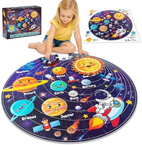 UNGLINGA 70 Piece Solar System Floor Puzzles for Kids Ages 3-5 4-6 6-8 | Round, Large for Small Hands, Planet Jigsaw Toy, Gift for Girls Boys, Easy to Assemble, Educational Preschool
