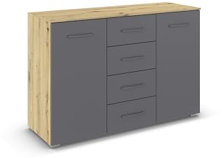 Rauch Möbel ADITIO, Kommode, Grau metallic/Eiche Artisan, Breite 120 cm | Sideboard im zeitlosen Stil, 2-türig, 4 Schubladen, Soft-Close-Funktion, für Schlafzimmer, Gästezimmer, Wohnzimmer, Flur
