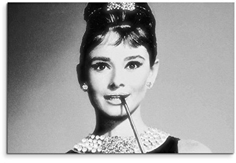 120x80cm Leinwandbild auf Keilrahmen Audrey Hepburn Portrait Gesicht schwarz weiß Wandbild auf Leinwand als Panorama