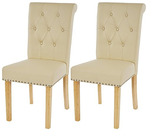 Mendler 2er-Set Esszimmerstuhl Chesterfield II, Stuhl Küchenstuhl, Nieten - Kunstleder, Creme, helle Beine