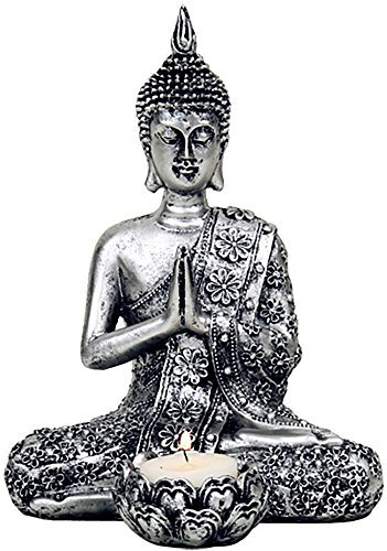 Phoeniximport Buddha Kerzenhalter - Silber, Polyester, 20,5 cm
