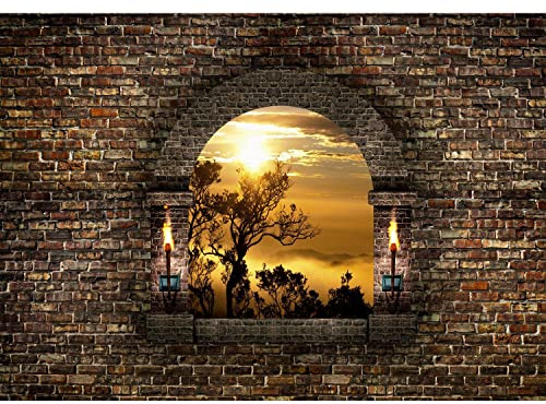Runa Art Fototapete Fenster Sonnenuntergang 352 x 250 cm Vlies Tapeten XXL Moderne Wandtapete Wohnzimmer Schlafzimmer Braun Gelb 9025011a