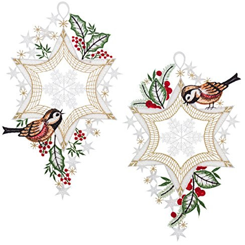 Plauener Spitze Fensterbild Stern mit Vogel in verschiedenen Designs (Stern mit Vogel 2er Set)