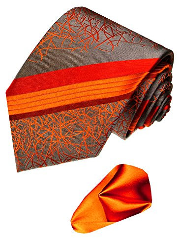 Lorenzo Cana - Marken Set 2 teilig aus 100% Seide - Streifen Krawatte mit Einstecktuch - orange und grau - 4207601