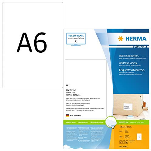 HERMA 8689 Universal Etiketten, 800 Blatt, 105 x 148 mm, 1 pro A6 Bogen, 800 Stück, selbstklebend, bedruckbar, matt, blanko Papier Klebeetiketten Aufkleber, weiß