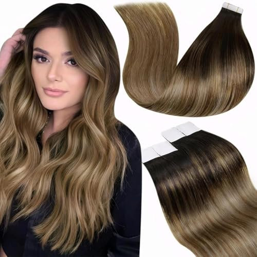 LaaVoo Balayage Echthaar Tape in Extensions Braun Extensions Echthaar Tape Dunkelstes Braun Balayage Mittel Braun Ombre Hell Goldbraun Remy Tape Extensions Echthaar Glatt 50g 20PCS #2/6/12 35cm