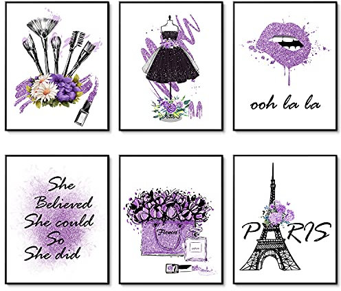 HOGEBIG Purple Makeup Posters Fashion Paris Prints Wall Art Makeup Room Artwork Set of 6 Perfume Flower Lipstick Canvas Art Posters Girl Room Decor for Bedroom (8x10 UNFRAMED)