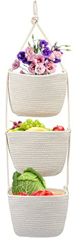 Obstkorb hängend, aus geflochtener Baumwolle,Hängekorb mit 3 Etagen zur Aufbewahrung von Obst, Vintage Retro Küchen-Deko, Wohnzimmer Flechtkorb Etagere zur Obst Aufbewahrung, Hängekorb Küche Beige