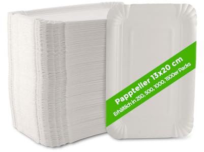 Ecocleo® Eco PAPPTELLER Einweg Eckig 13x20cm, weiß | 250 Stück Teller aus Karton Stabil | Partygeschirr umweltfreundlich | Einwegteller aus Pappe recycelbar | EU Made