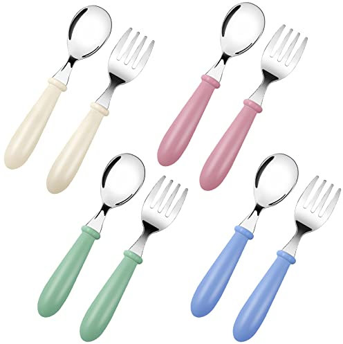 Bomtop Lot de Couverts enfants en inox 8 Pièces: 4 x Fourchettes, 4 x Cuillères, Set Couvert bebe en Poignée Ronde pour Garçons Filles Maison l'école Utilisation (Vert Bleu Rose Blanc)