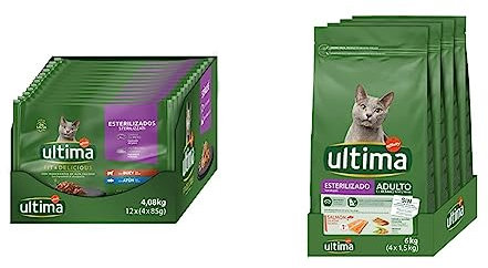 Ultima Comida Húmeda para Gatos con Buey y Atún, 12 x (4 x 85 gr), 4080g & Pienso para Gatos Esterilizados Adultos con Salmón 4 x 1.5 kg