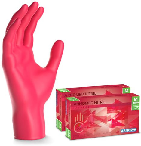 ARNOMED Gants jetables rouge, gants nitrile taille M, gant jetable 200 pièces (2 boîtes), gants en nitrile non poudrés & sans latex, gants jetable cuisine, gants a usage unique en XS, S, M, L & XL