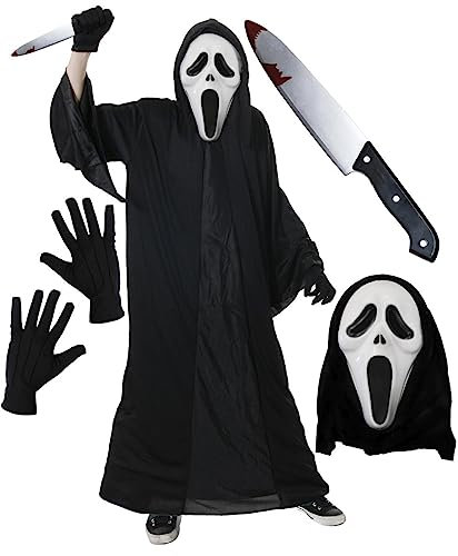 Juego de disfraz de Halloween con máscara de grito para adultos, disfraz de película aterradora, bata negra + cuchillo falso + máscara + guantes (XXL)