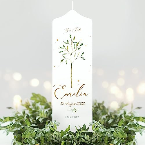 Wandtattoo Loft Taufkerze Mädchen oder Junge mit Taufspruch, Motiv mit jungen Lebensbaum, 25cm x 7cm, personalisierte Kerze, bedruckte Kerze Taufe, Stumpenkerze zur Taufe, individuelles Taufgeschenk