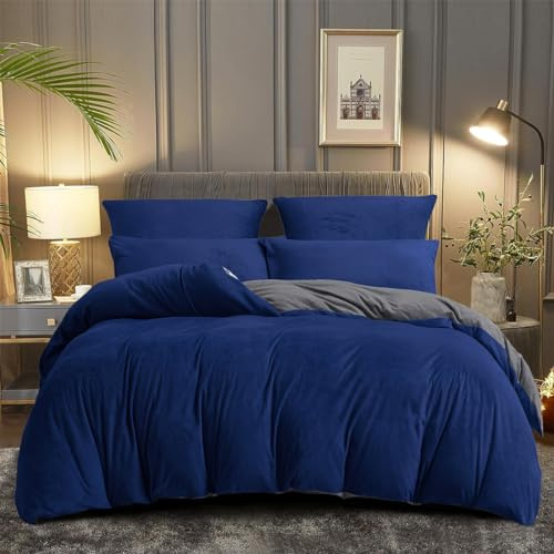 DXHOME Bettwäsche 135x200cm Plüsch Blau Marineblau Grau Warme Winter Bettwäsche Flauschige Kuschelbettwäsche Microfaser Bettbezug mit Reißverschluss + 1 Kissenbezug 80x80 cm