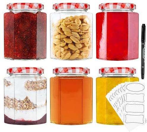 DECO EXPRESS Einmachgläser 500 oder 250 ml Set - Luftdichtes Aufbewahrungsglas mit Deckel, Sechseckige Marmeladengläser inkl. Marker & Etiketten (Rot 250ml - 6er Pack)