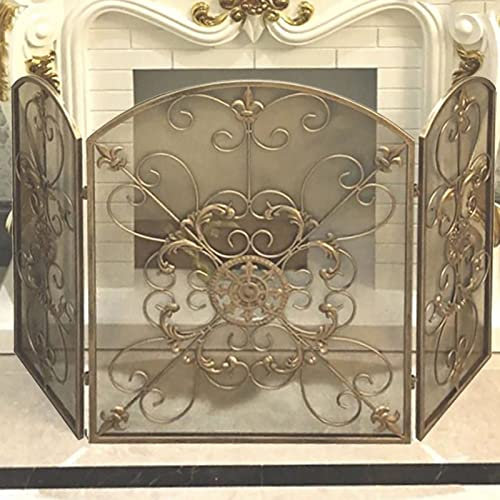 DOZRAN Feuerschutz, gewölbt, 3-teilig, Antik-Bronze, schmiedeeiserner Funkenschutz für Kamin/Holzofen, Ofenvorhang Comfortable Anniversary