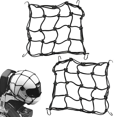 FIBOUND 2 Stück Motorrad-Helmnetz, Bungee-Gepäck-Frachtnetz, Schwarz, Gummi, Metallhaken, Universell für Motorräder, ATV, Schneemobile, Fahrräder