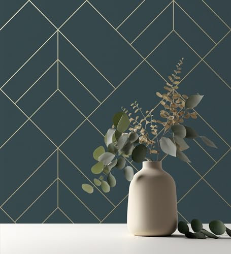 GAULAN 500682083 - Vliestapete, Strapazierfähig, Abwaschbar. Geometrische Tapete mit Rauten und goldenen Linien auf petrolblauem Hintergrund im Art-déco-Stil - Muster DIN A4