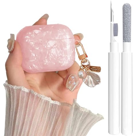Airpods Pro/Pro 2 Gen Hülle Niedlich mit Reiniger Stift, Muschelmuster, Airpods iPod Pro 2. / 1. Generation, Schutzhülle für Mädchen und Damen, mit luxuriösem Perlen-Schlüsselanhänger 2023/2022/2019 –