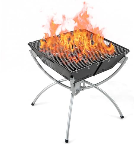 GYMAX Braséro Extérieur Pliable et Gril de Barbecue 2-en-1, avec Grilles en Acier INOX 304 & Sac de Rangement & Gants, pour Camping, Pique-Nique, Réunion