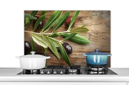 KitchenYeah© Fond de Hotte 90x60 cm Aluminium Crédence Cuisine Décoration Murale Crédence Plaque de Cuisson Anti Projection Olives - Feuilles - Bois - Nature Morte