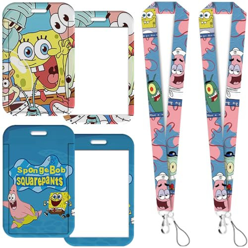 2 Pcs SpongeeBob SquarrePants Porte Badge avec Cordon, Porte Badge de Carte d'Identification avec Cordon Tour de Cou, pour Porte Badges d'Identification, Carte d'étudiants, Porte-Clés, Carte Bus
