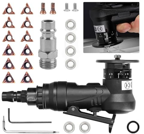 Pneumatic Chamfering Machine Set with Blade and Bearing, 2-in-1 Hand Held Mini 45° Grinder Tools for Arc Corner, 1/4 Inch Air Inlet for Metal Wood Beveling Deburring (6C&6R Angle Blades)