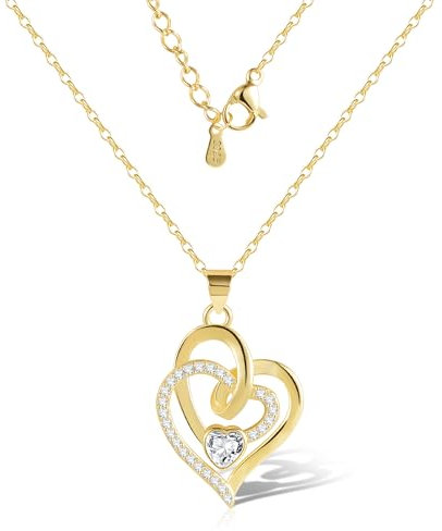 Gold Halskette Herz Ketten Damen, ASH'S CHOICE Sterling Silber 925 Doppel Herz Liebe Anhänger Halsketten mit AAA+Zirkon Strass 14k Vergoldet Halskette Gold Ketten für Damen Mama Muttertag Geschenk