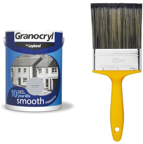 Leyland Granocryl Smooth Masonry, Grey Skies, 5L & ProDec PR4GY Flat Masonry Paint Brush for Rapid Application of Smooth and Textured Masonry Paints