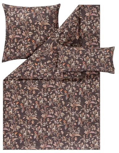 ESTELLA Mako-Satin Bettwäsche 155x220 Jolanda braun Wiesenblumen Blätter 7953-310