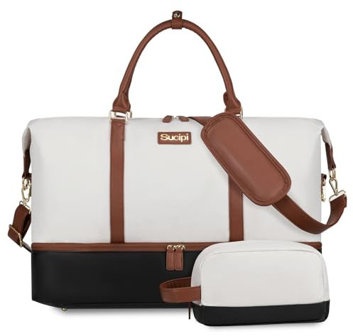 Sucipi Weekender Damen, Sporttasche Reisetasche groß 40l, Handgepäck Tasche mit Kulturtasche, Kliniktasche Geburt, Strandtasche Travel Duffle Bag für Travel Gym Sport, Beige Schwarz