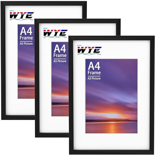 wyewye A4 Bilderrahmen 3er Pack, 21x29,7 cm Holz Bilderrahmen mit Ständer, Tisch oder Wandaufhängung, A4 Schwarzer Rahmen mit A5 Passepartout, Dokumentenrahmen mit Plexiglasfenster, Schwarz