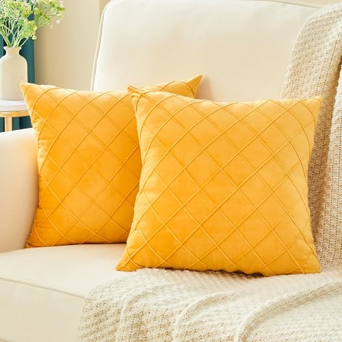 JELLYMONI Kissenbezüge 45x45cm 2er Set Gelb Kariert Kissenhülle Samt Zierkissenbezüge mit Reißverschluss Dekokissen Sofakissenbezug Wurfkissenbezug Deko für Sofa Wohnzimmer (KEIN Einsatz)