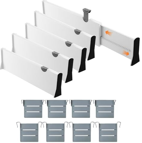 5er Verstellbar Schubladentrenner Set mit Trennstegen, Schubladen Ordnungssystem, Plastik Schubladenteiler, Schublade Organizer für Schlafzimmer, Badezimmer, Kleiderschrank, Kommode, Küche, Büro(Weiß)