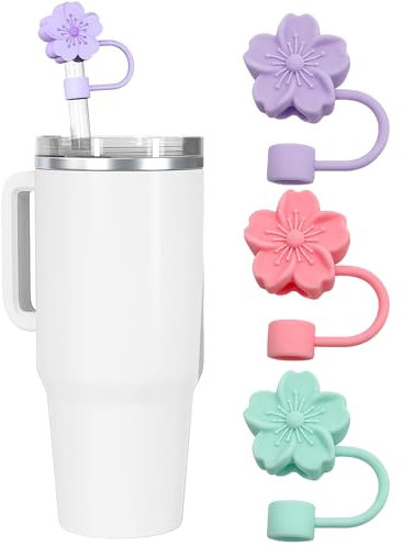 Cup Straw Cover Toppers for Stanley Cup Accessories, 3PCS Silicone Flower Straw Caps, Reusable Pink Purple Green Straw Protectors