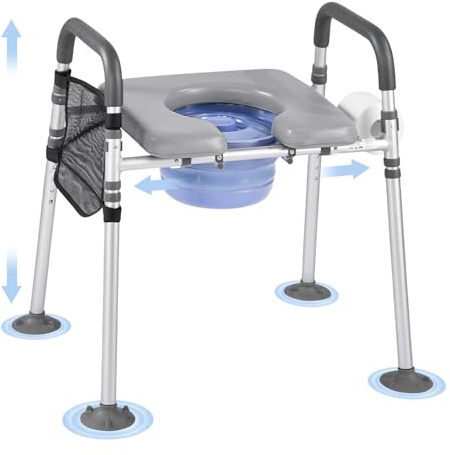 VEVOR Bedside Commode Chair, 500 lbs Capacity, 4-in-1 Portable Toilet and Raised Toilet Seat with Padded Seat & Armrest, Detachable 5L Bucket, Adjustable Height & Width Adult Potty Chair for Seniors