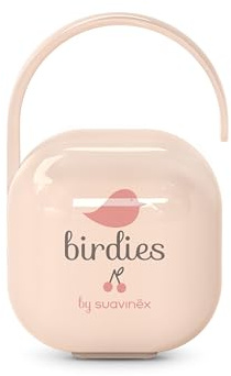 Suavinex, Schnullerbox für 2 Schnuller, hygienische Aufbewahrungstasche mit flexiblem Henkel für Kinderwagen oder Tasche, sicherer Verschluss, ab 0 Monate, Birdies-Kollektion, Rosa