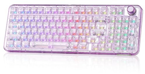 YUNZII X98 QMK/VIA Kabellose Mechanische Tastatur (Purple, Crystal Switch) | BT5.0/USB-C/2,4 GHz,1800 Layout mit Nummernblock,Transparent Tastatur, Vorgeschmierte Schalter, RGB für Wins/Mac/Gaming