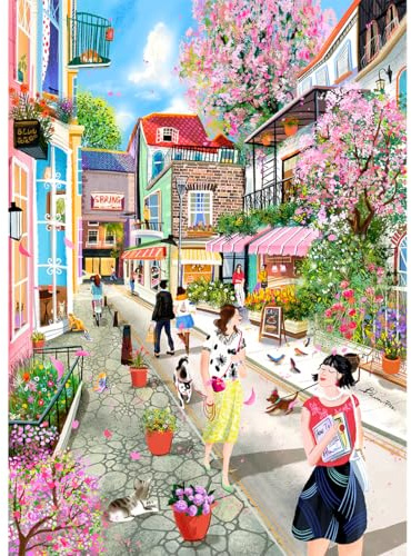 HUADADA 500pc Art Jigsaw Puzzles, Cosy Floral Town Alley Scenery Gifts Men & Women