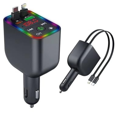 FM Transmitter Auto Bluetooth 5.3, Modell Y4 | 120W Schnellladegerät mit PD/USB, 7-Farben LED, MP3 Player, Freisprechanlage, Typ-C & USB Ladeanschluss, FM Sender für Auto