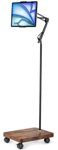 HULISEN iPad Holder for Bed with Wheel, Rolling Stand with 2.27kg Wood Base | Adjustable Height, Angle with 360° Rotatable Holder, Compatible with iPad Cell Phone Tablets 11.9–32.7cm