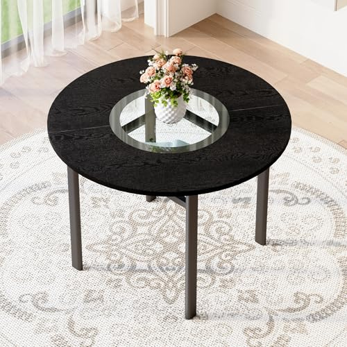 muenfly Mesa de comedor redonda de 100 cm, mesa de cocina redonda para 2-4 personas con grano de madera negra y cristal gris, estante de cristal y estructura de metal, color negro