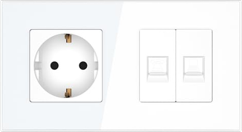 PULSAR Internet Steckdose/Telefondose/Schuko Steckdose Weiß Glas 2 Fach, Netzwerkdose Unterputz Cat5e Netzwerk LAN Datendose, Wandsteckdose mit Ethernet- und Telefon Dose