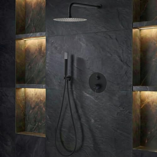 IMEX - Ducha Empotrada Negra Monomando | Conjunto de Grifería Empotrado con Alcachofa y Rociador Antical Efecto Lluvia | Columna Ducha Empotrada con Grifo en Latón y Acero Inox S.304 | Serie Génova