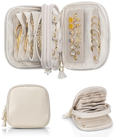 VLANDO Schmuckkästchen Reise 2 lagige Schmuckaufbewahrung,Für Klein Schmuck | Travel Essentials,Geschenk für Damen,Travel Accessories,Schmucktasche Für Ohrringe,Halsketten,Ringe, Beige