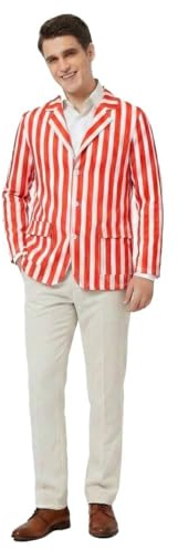 Mens Barbershop Blazer Costume - Red and White Striped Jacket - Adults Mens Barber Shop Edwardian School Book Week World Book Day Fancy Dress Costume Accessory