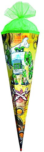 Schultüte - Roboter - grün - 35 cm - rund - mit Tüllabschluß - Zuckertüte Roth - mit/ohne Kunststoff Spitze - für Jungen/Geschenktüte/Werkzeuge - FA..