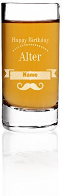 Herz & Heim® Schnapsglas speziell zum Geburtstag - Moustache Schnurrbart - mit Gratis Gravur des Alter und des Namens